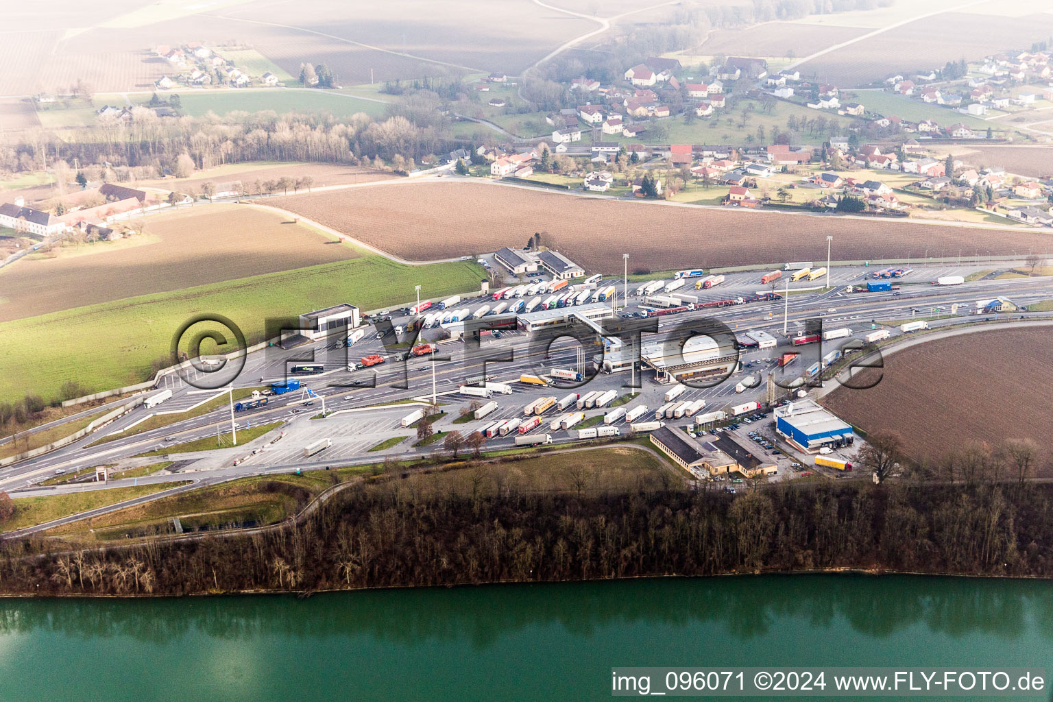 Aerial photograpy of Highway customs station and immigration checkpoint of the A 8 in Suben in Oberoesterreich, Austria