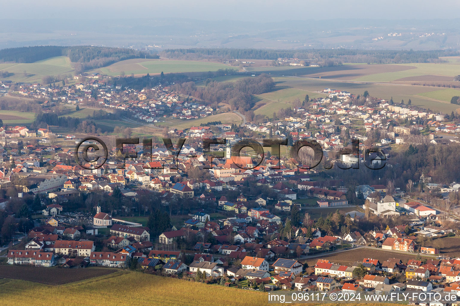 Aerial view of Town View of the streets and houses of the residential areas in Rotthalmuenster in the state Bavaria, Germany