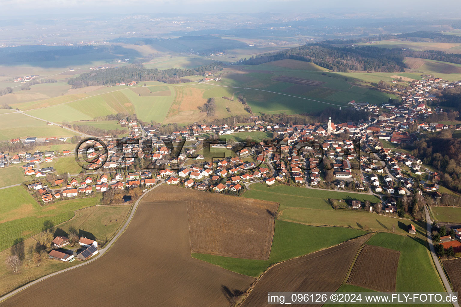 Aerial photograpy of Market Kößlarn in the district Danglöd in Kößlarn in the state Bavaria, Germany