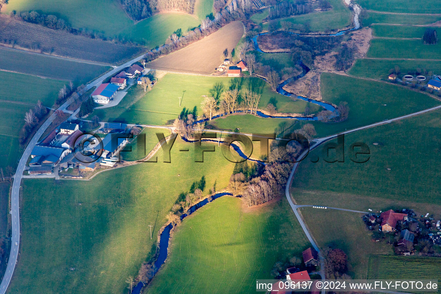 Curved loop of the riparian zones on the course of the river Haselbach in Triftern in the state Bavaria, Germany