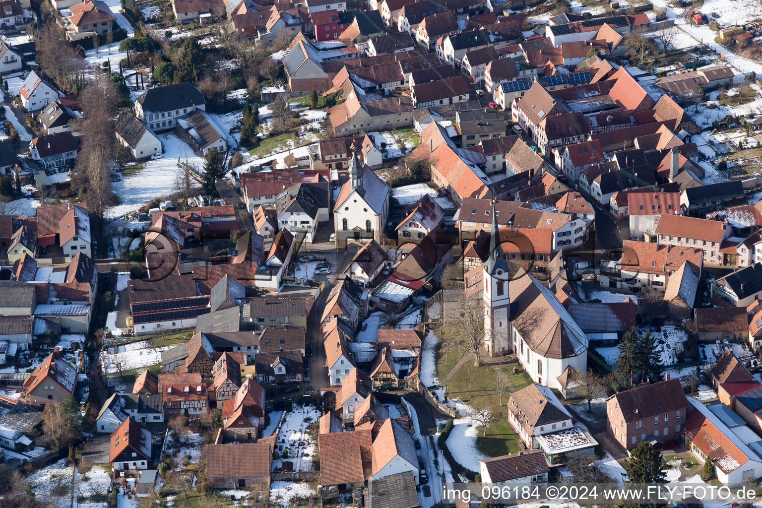 Aerial view of Winter snow covered village view in Göcklingen in the state Rhineland-Palatinate, Germany