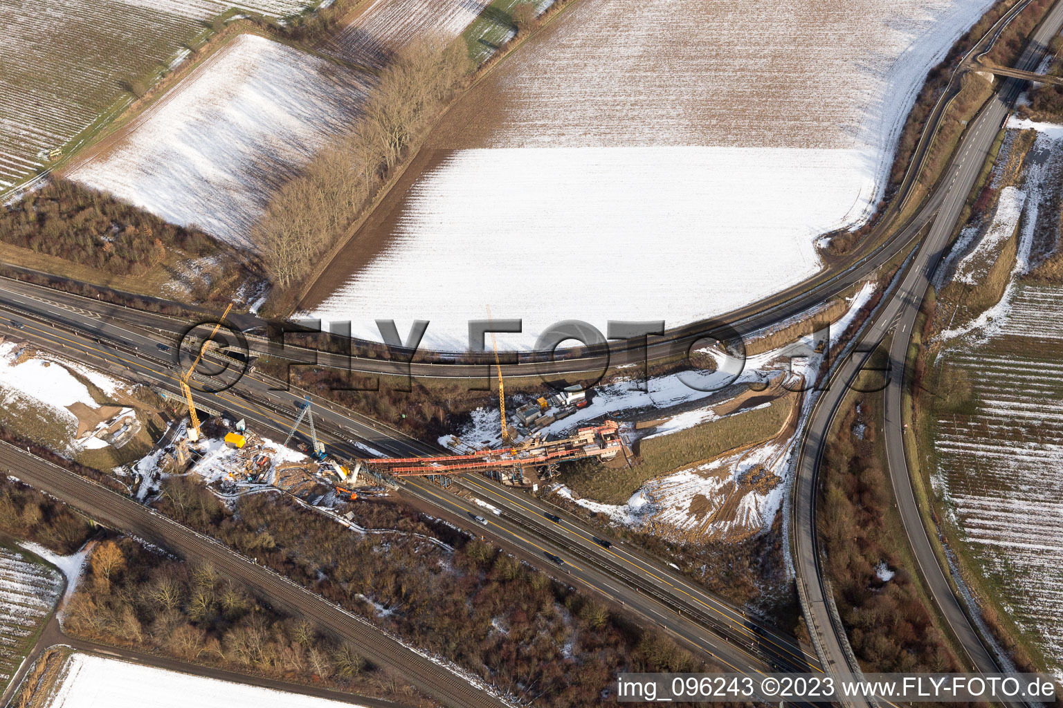 Aerial photograpy of Construction site of the new bridge for the A65 Landau Nord exit in the district Dammheim in Landau in der Pfalz in the state Rhineland-Palatinate, Germany
