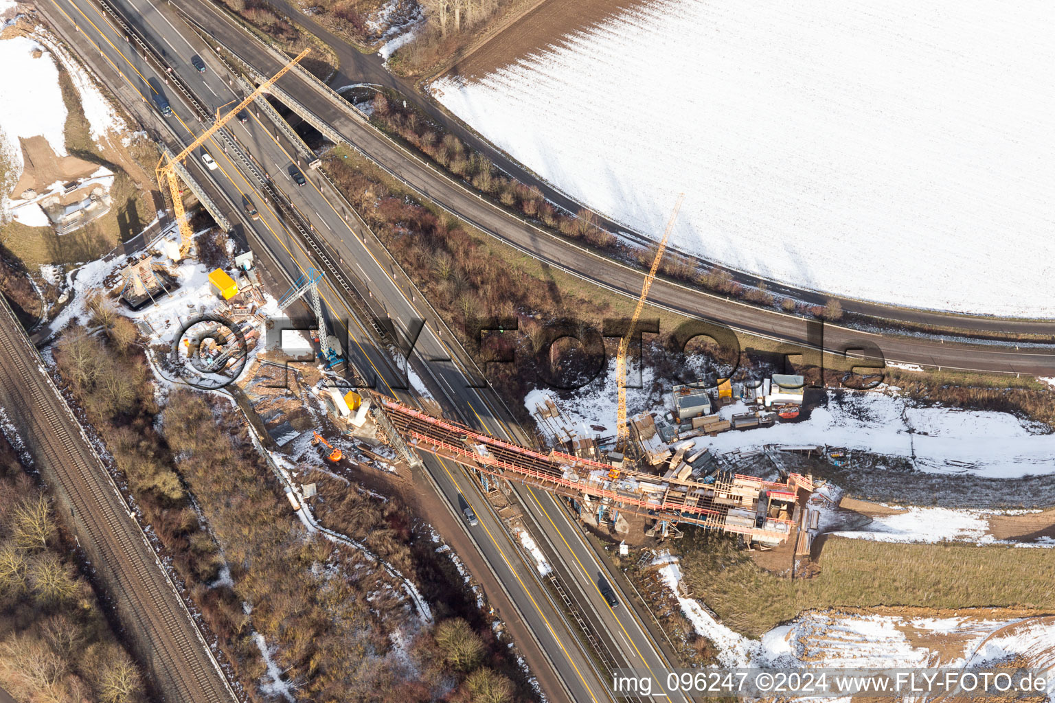 Aerial view of Construction site for the expansion of traffic flow on the motorway BAB A 65 in Landau in der Pfalz in the state Rhineland-Palatinate