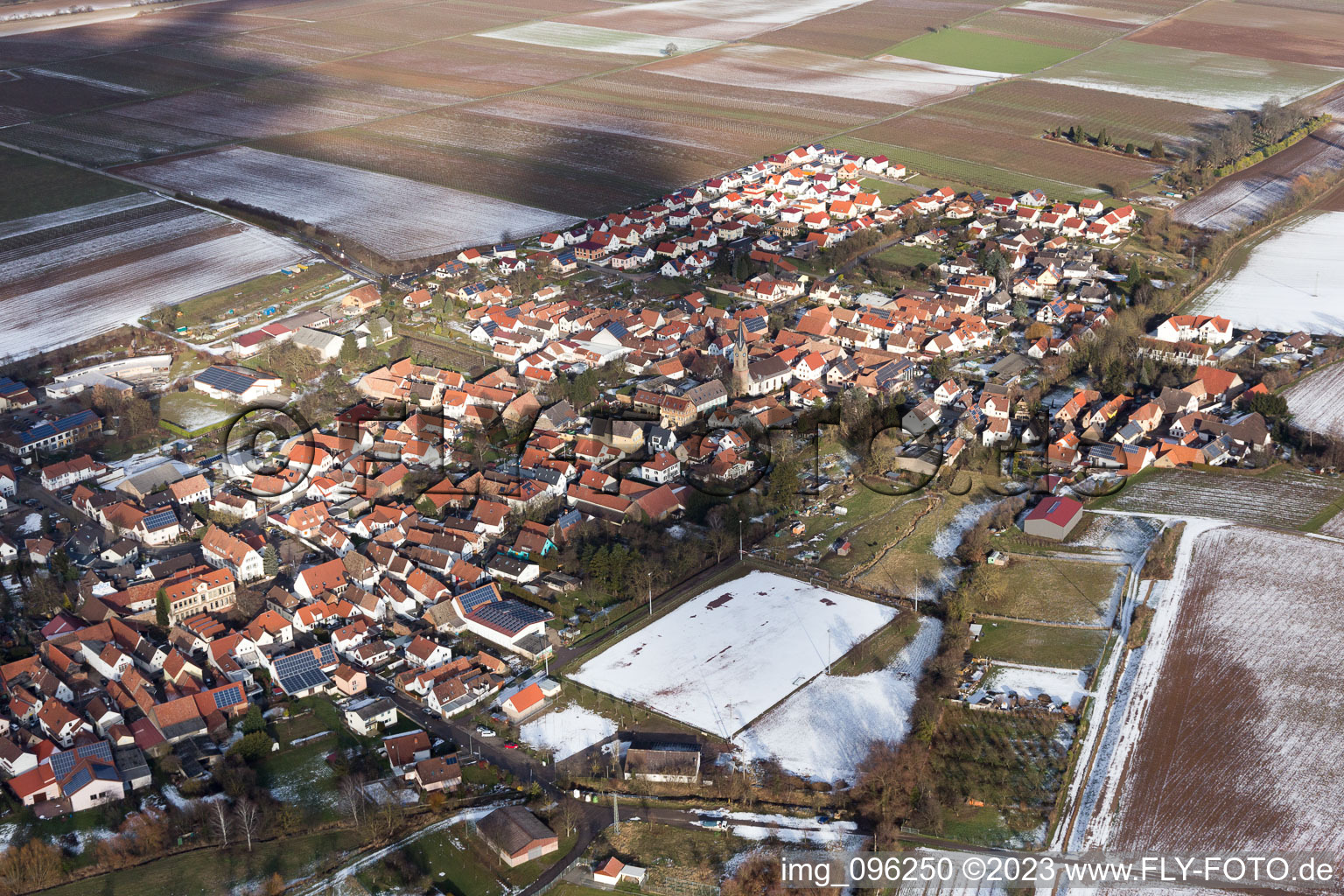 Aerial view of In winter when there is snow in Essingen in the state Rhineland-Palatinate, Germany