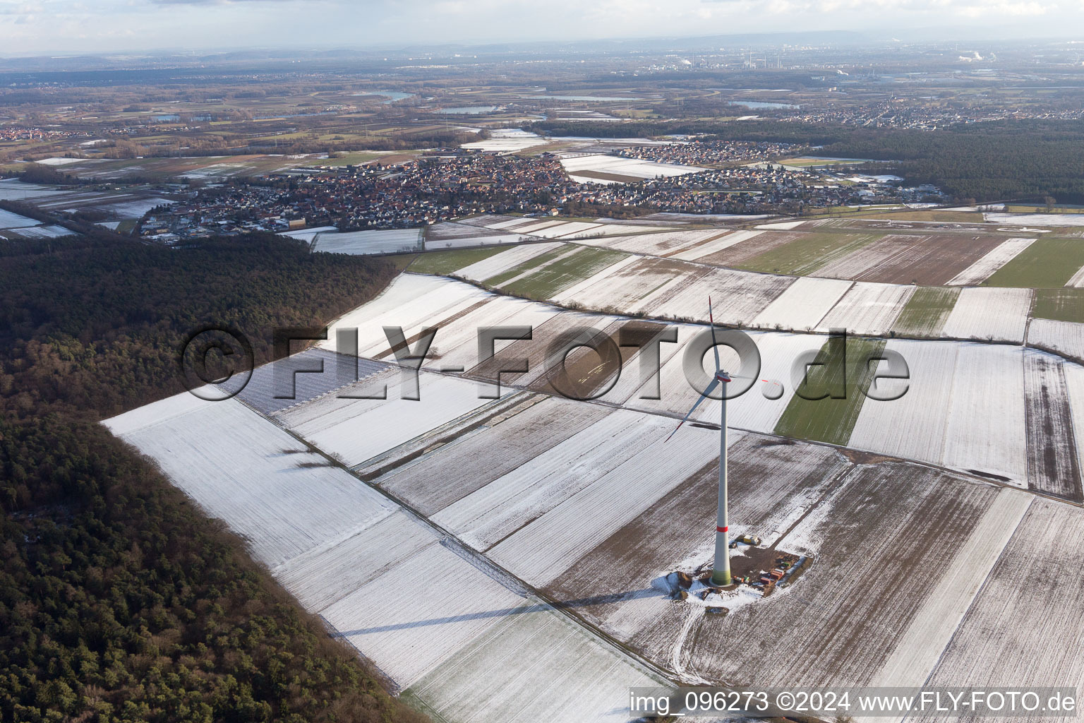 Wintry snowy Construction site for wind turbine installation in Hatzenbuehl in the state Rhineland-Palatinate, Germany