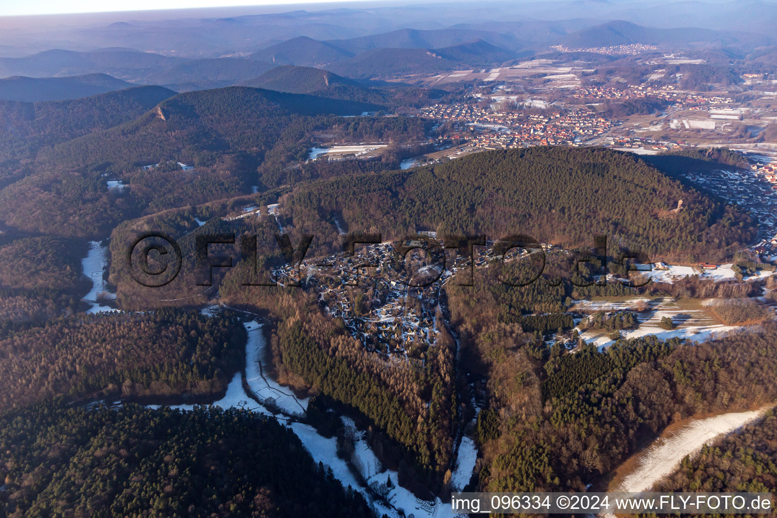 Holiday village Eichwald in winter with snow in the district Gossersweiler in Gossersweiler-Stein in the state Rhineland-Palatinate, Germany