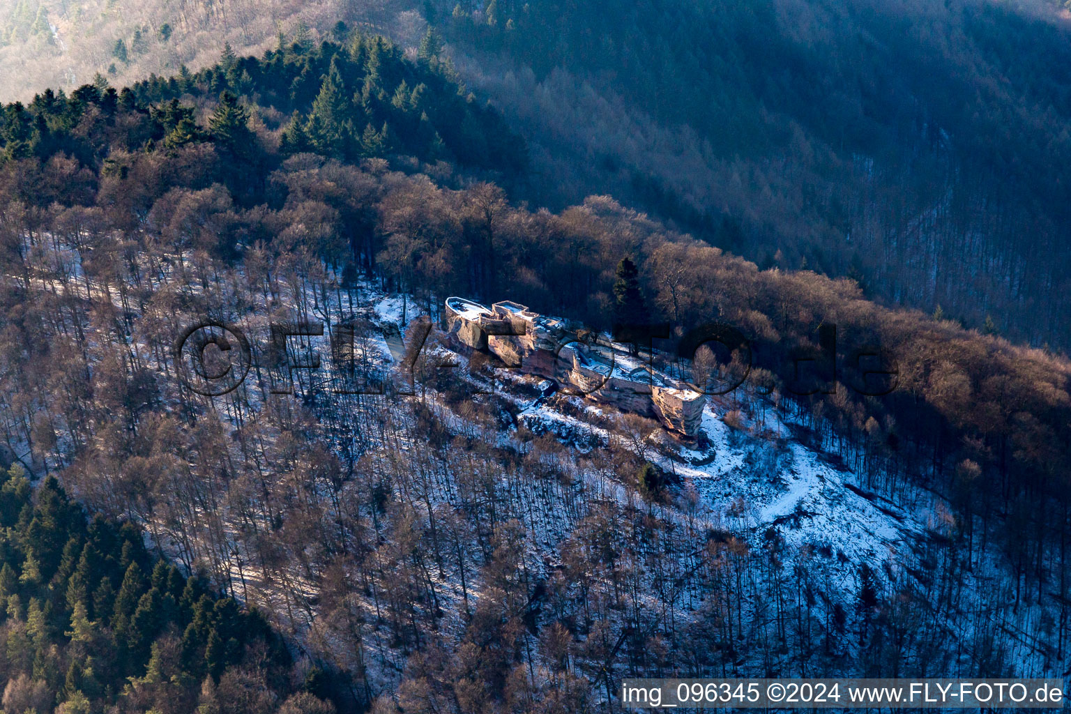 Aerial view of Ruins of the medieval Höhnburg Wegelnburg in Schönau in the state Rhineland-Palatinate, Germany