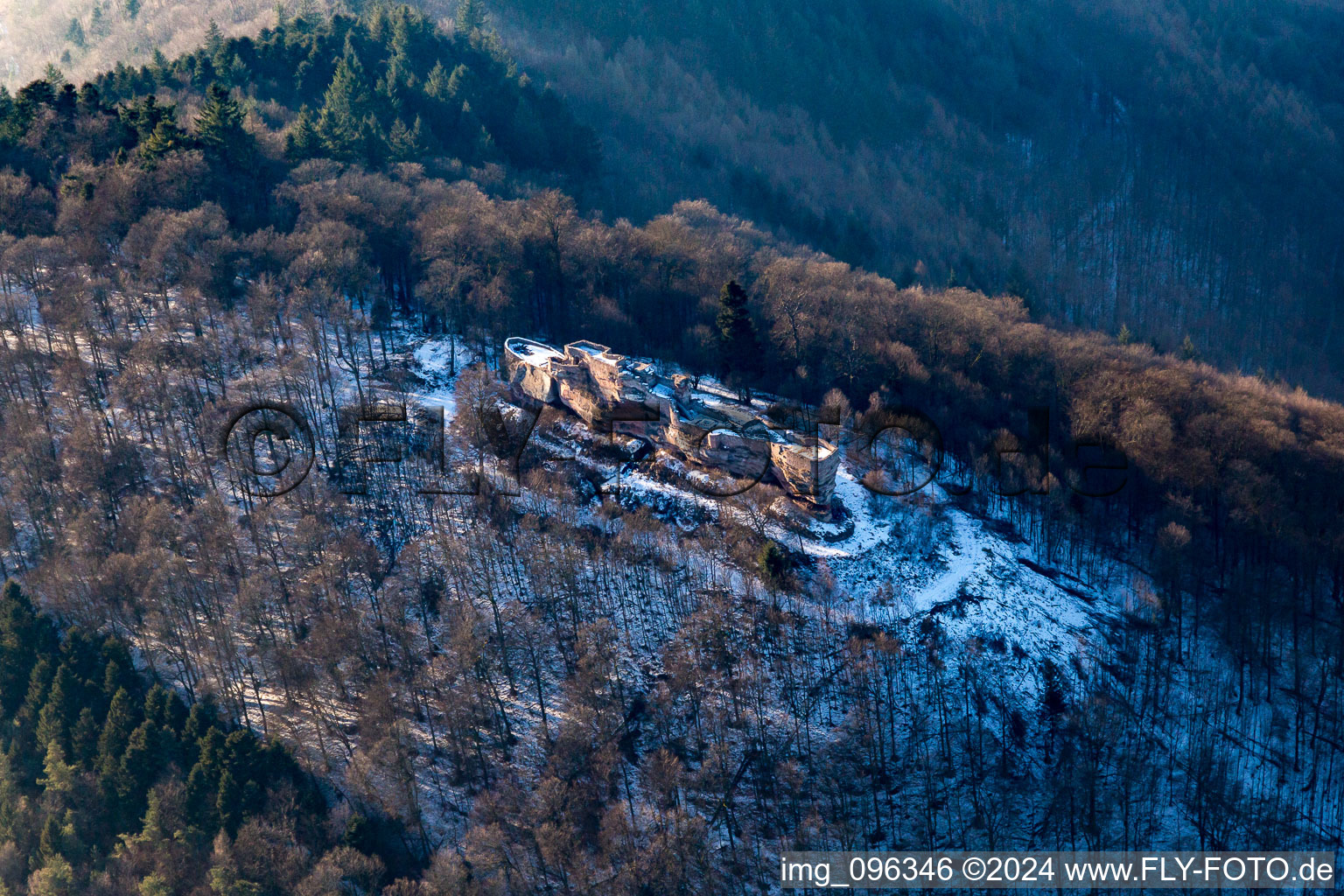 Aerial photograpy of Ruins of the medieval Höhnburg Wegelnburg in Schönau in the state Rhineland-Palatinate, Germany