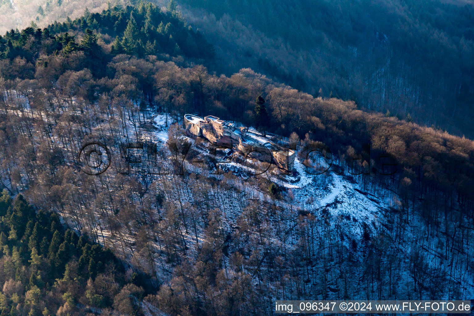 Oblique view of Ruins of the medieval Höhnburg Wegelnburg in Schönau in the state Rhineland-Palatinate, Germany