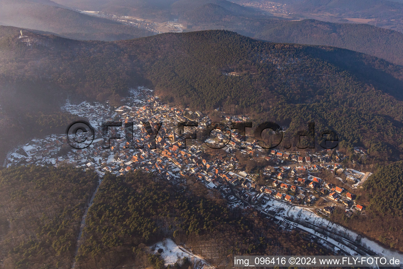 Wintry snowy Forest and mountain scenery des suedlichen Pfaelzerwald in Doerrenbach in the state Rhineland-Palatinate