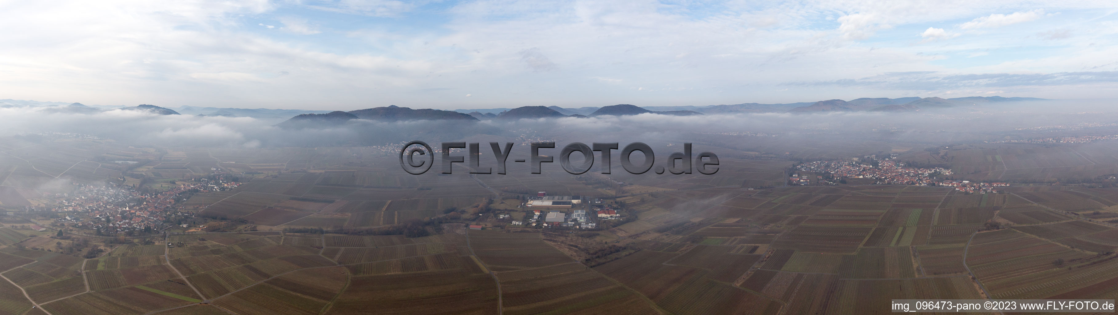 Aerial view of Panorama with low clouds in Ilbesheim bei Landau in der Pfalz in the state Rhineland-Palatinate, Germany