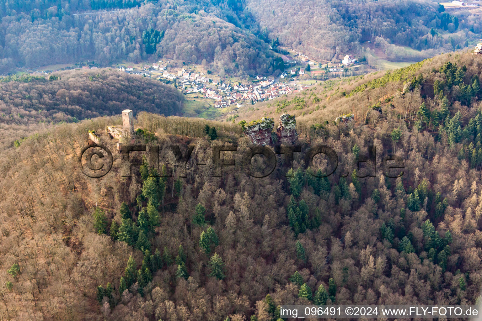 Aerial photograpy of Castle ruins Anebos Jungturm and Scharfenberg in Leinsweiler in the state Rhineland-Palatinate, Germany