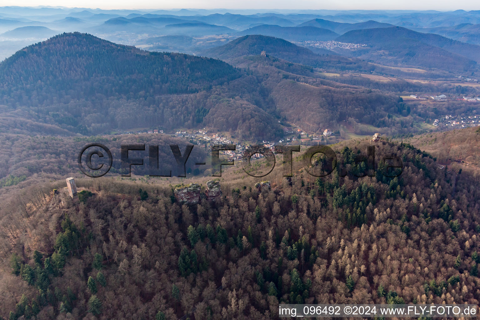 Oblique view of Castle ruins Anebos Jungturm and Scharfenberg in Leinsweiler in the state Rhineland-Palatinate, Germany