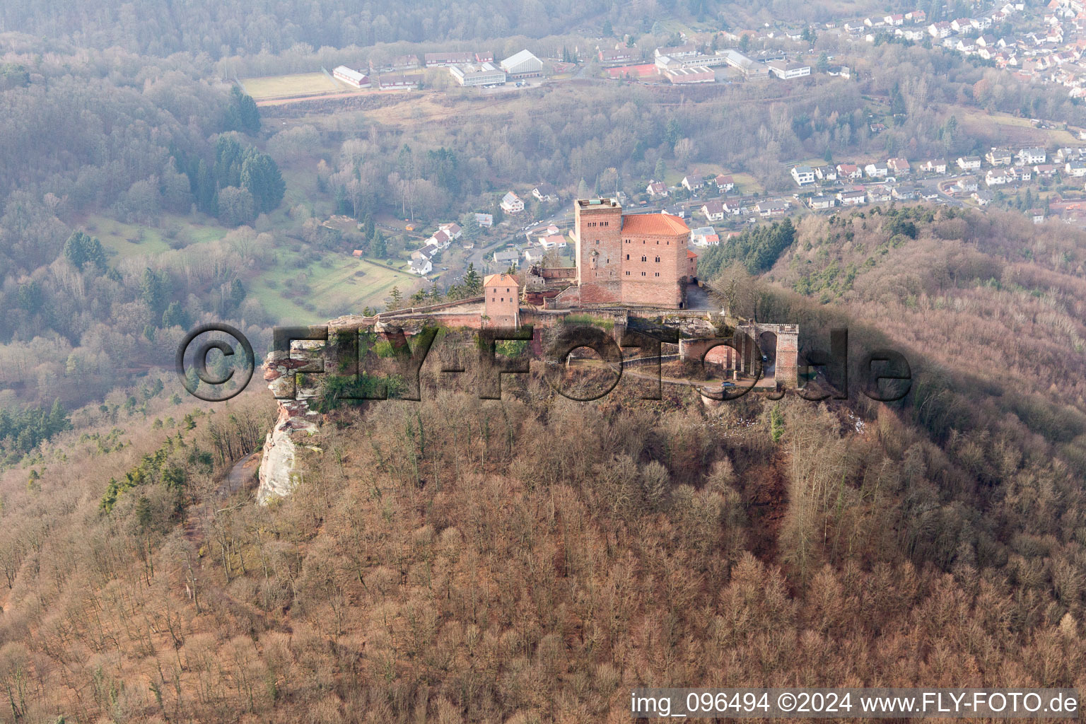 Trifels Castle in Annweiler am Trifels in the state Rhineland-Palatinate, Germany from the plane