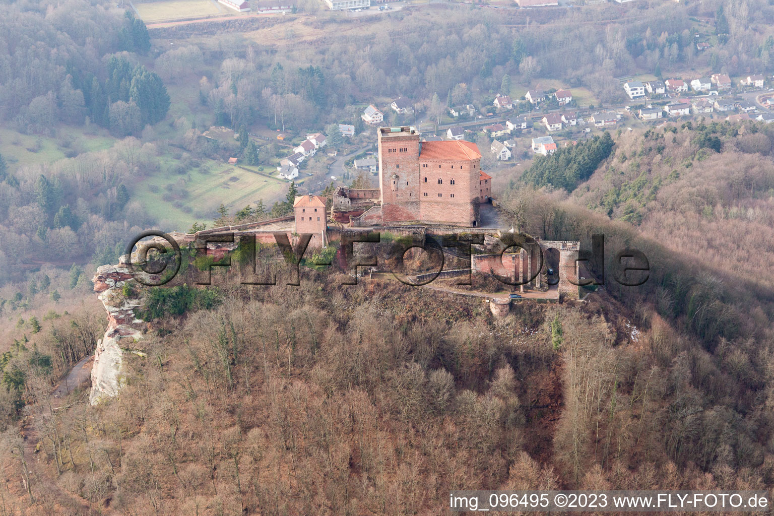 Bird's eye view of Trifels Castle in Annweiler am Trifels in the state Rhineland-Palatinate, Germany