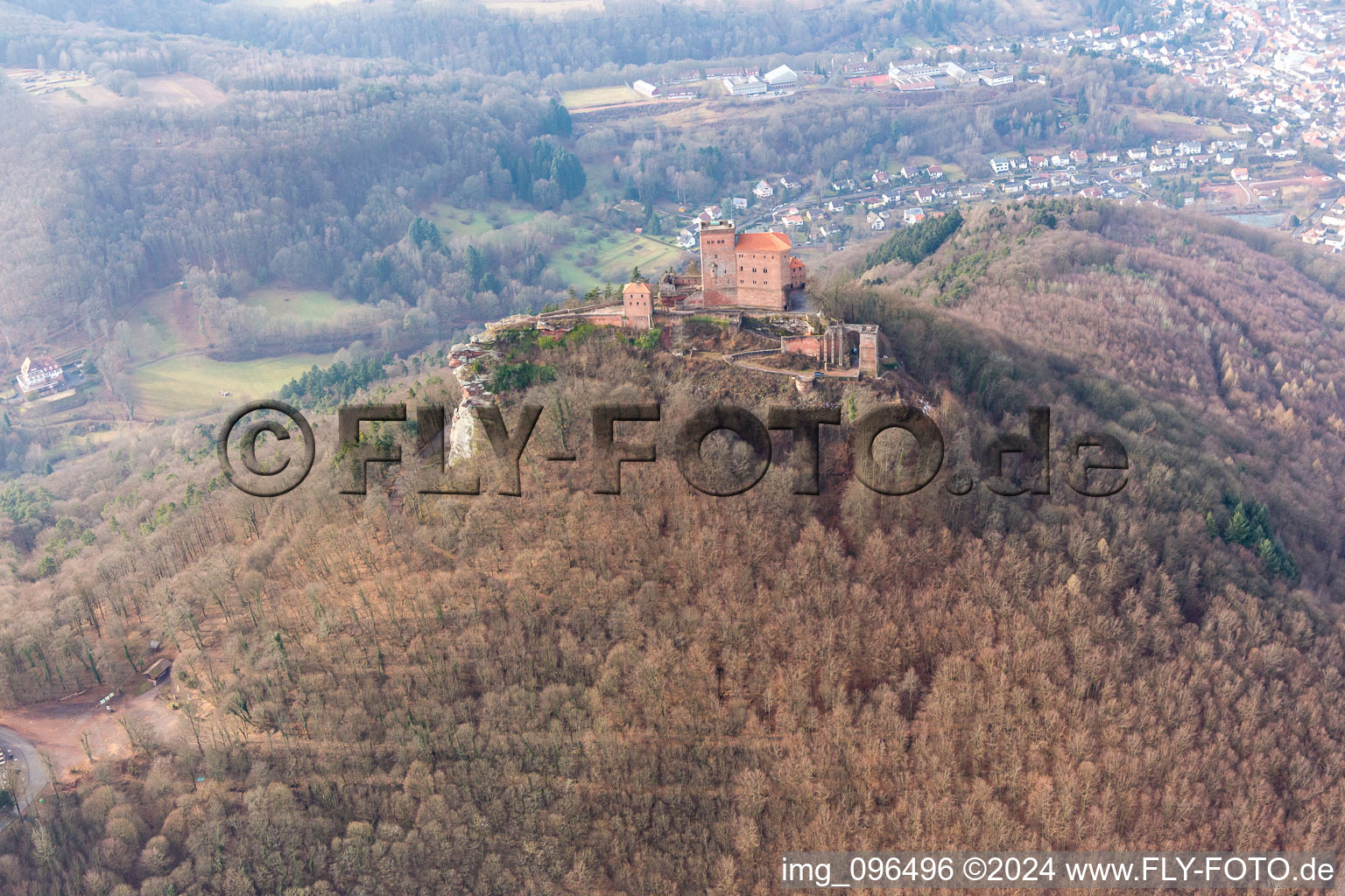 Trifels Castle in Annweiler am Trifels in the state Rhineland-Palatinate, Germany viewn from the air