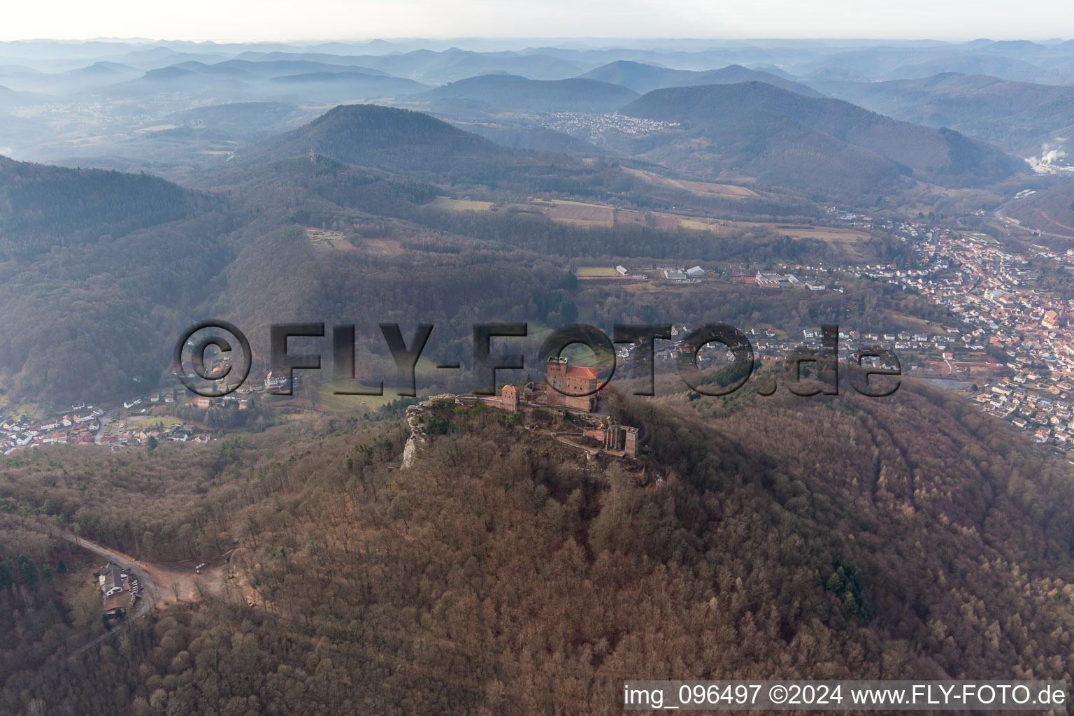 Drone recording of Trifels Castle in Annweiler am Trifels in the state Rhineland-Palatinate, Germany