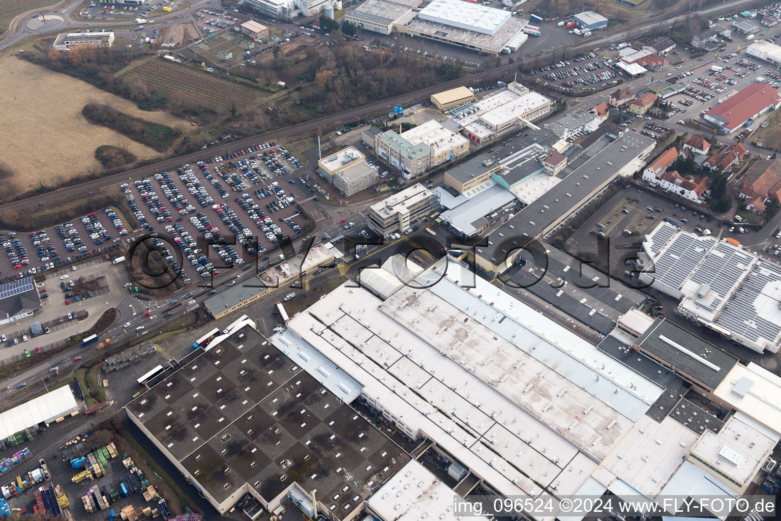 Aerial view of Building and production halls on the premises of Tenneco Automotive Deutschland GmbH in Edenkoben in the state Rhineland-Palatinate