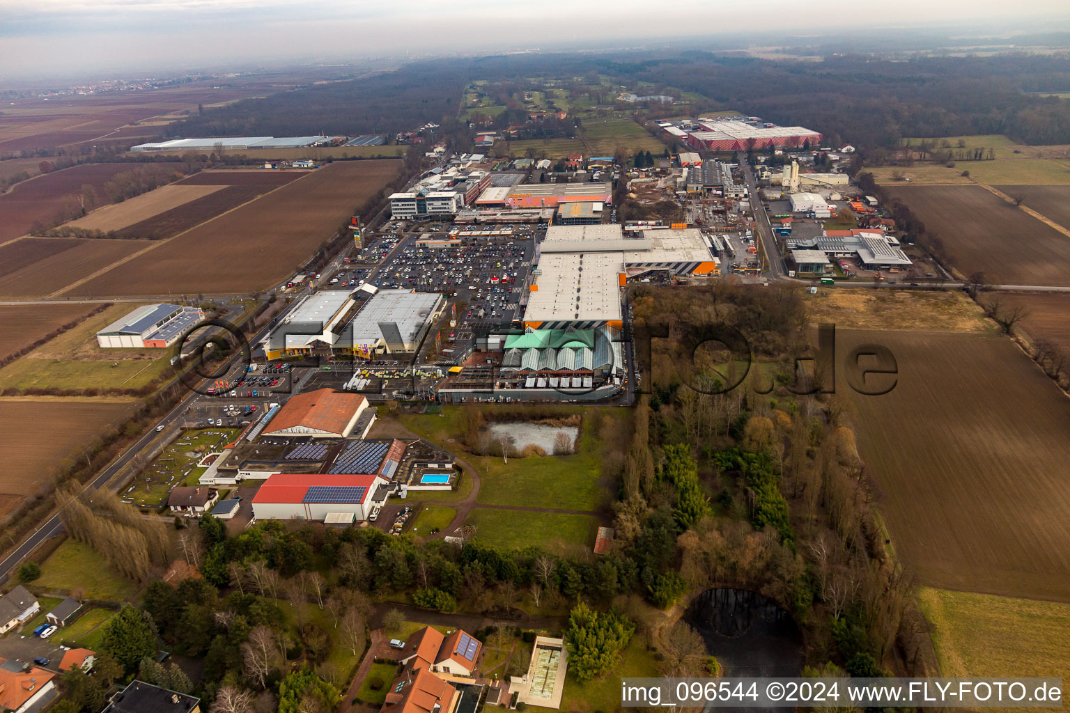 Aerial view of Hornbach hardware store from the west in Bornheim in the state Rhineland-Palatinate, Germany