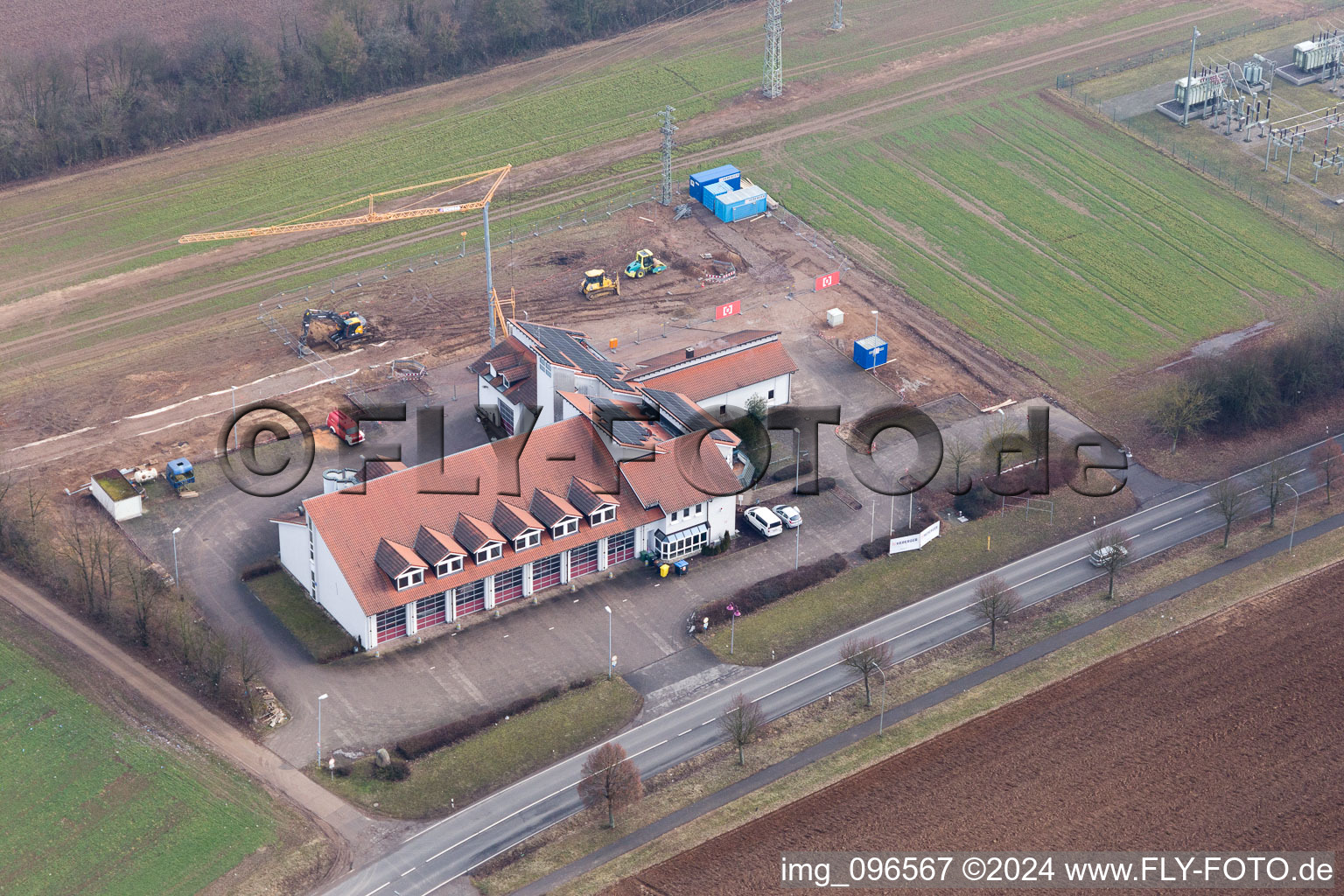 Aerial view of Fire brigade construction site in Kandel in the state Rhineland-Palatinate, Germany