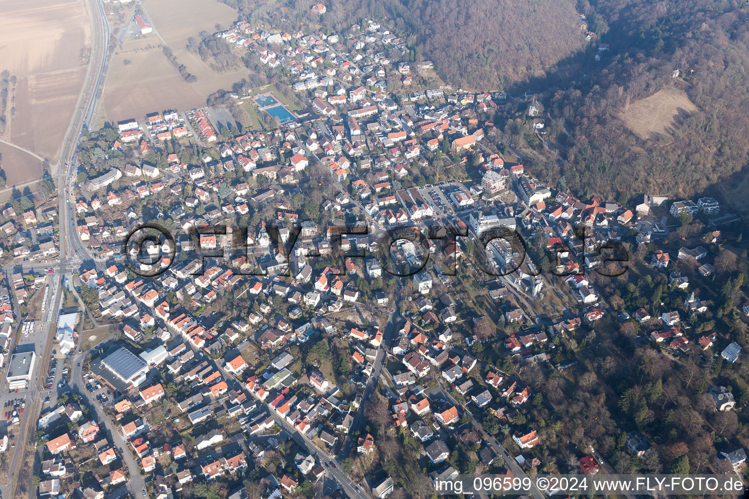 Aerial view of District Jugenheim an der Bergstrasse in Seeheim-Jugenheim in the state Hesse, Germany