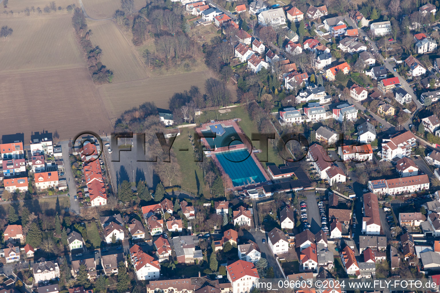 Oblique view of District Jugenheim an der Bergstrasse in Seeheim-Jugenheim in the state Hesse, Germany