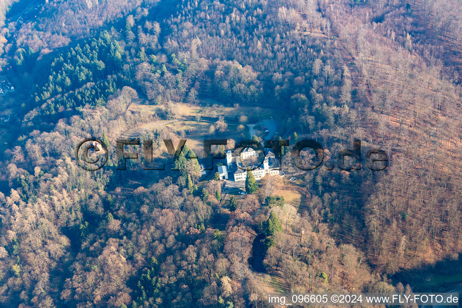 Aerial view of Heiligenberg Castle in Seeheim-Jugenheim in the state Hesse, Germany