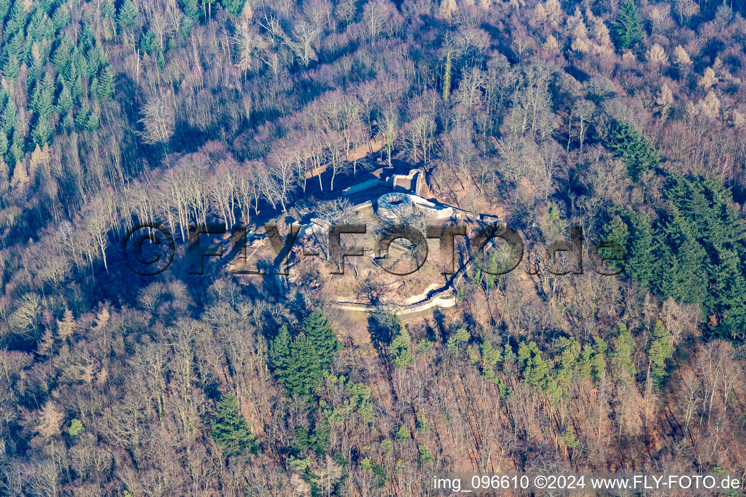 Aerial view of Tannenberg Castle Ruins in Seeheim-Jugenheim in the state Hesse, Germany