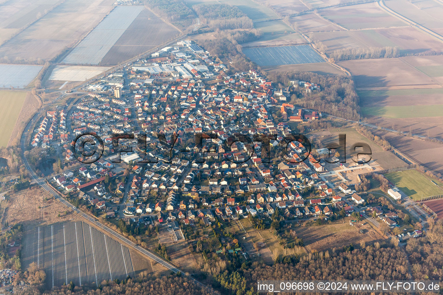 Oblique view of Town View of the streets and houses of the residential areas in the district Huettenfeld in Lampertheim in the state Hesse, Germany