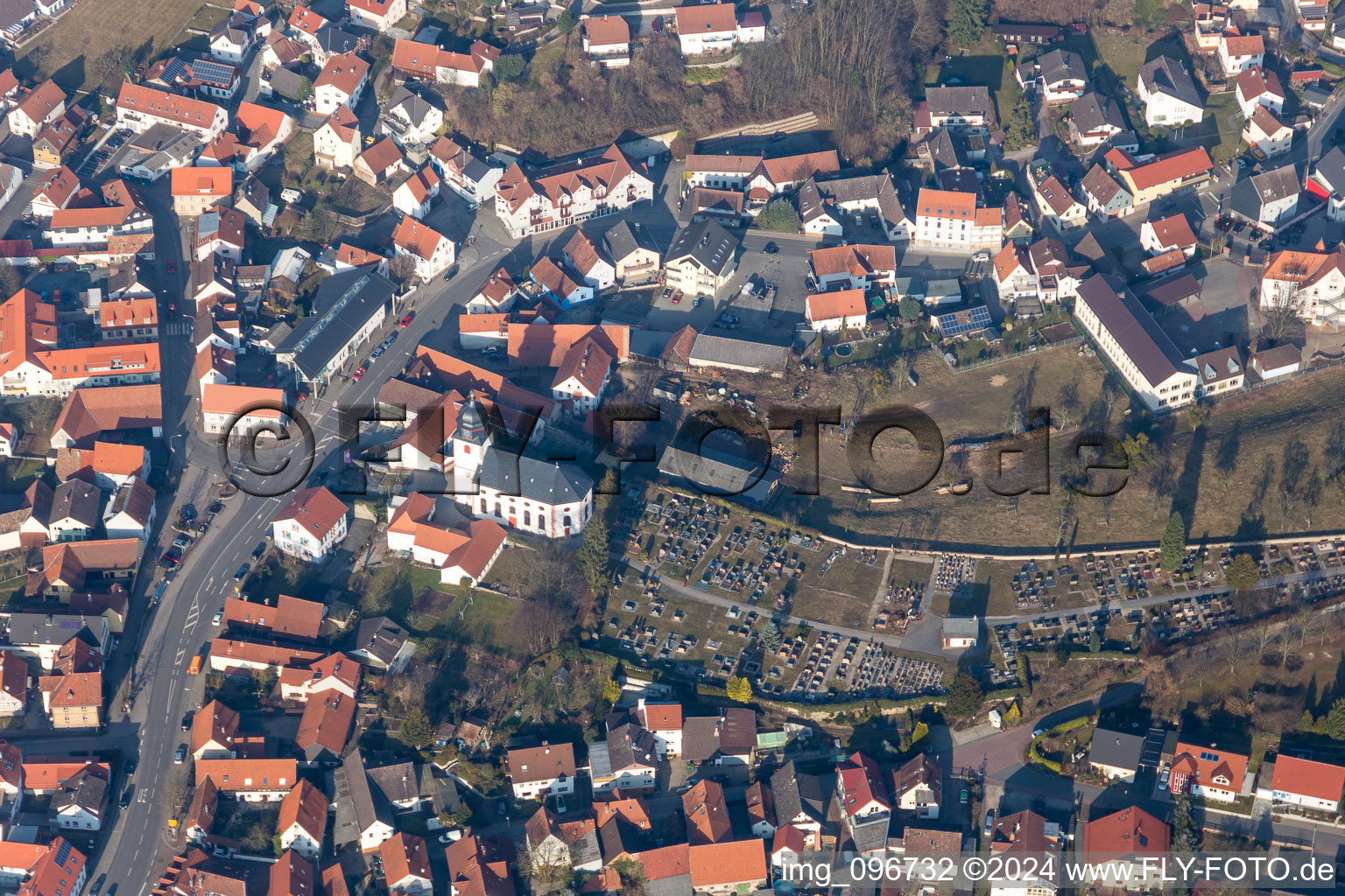 Aerial view of Church tower and tower roof at the church building of Evangelic Church of Reichenbach in Lautertal (Odenwald) in the state Hesse, Germany