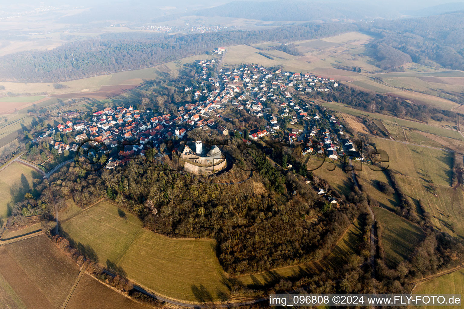 Aerial view of Castle of the fortress Museum on Burgweg in the district Hering in Otzberg in the state Hesse, Germany