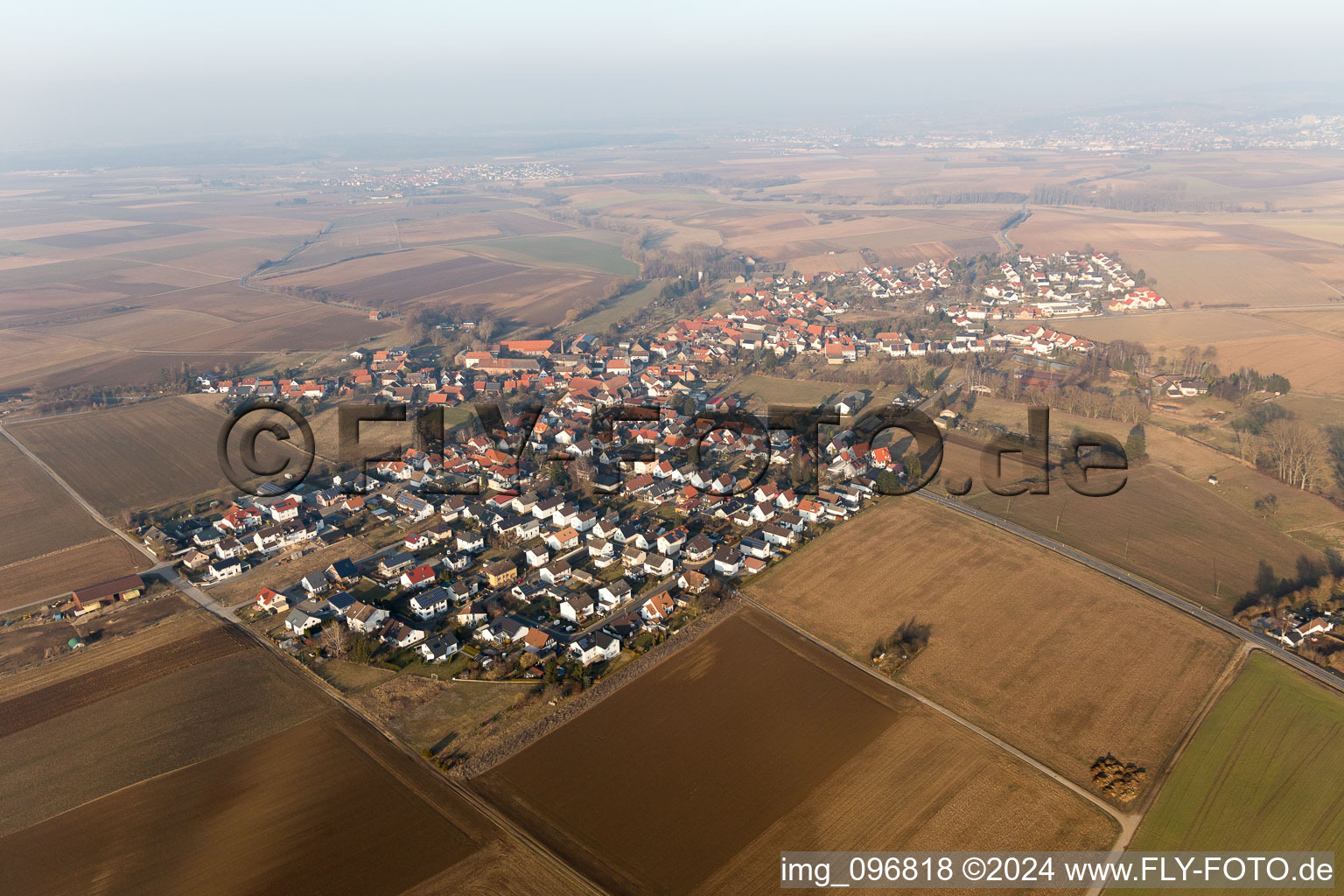 Aerial photograpy of Village - view on the edge of agricultural fields and farmland in the district Habitzheim in Otzberg in the state Hesse, Germany