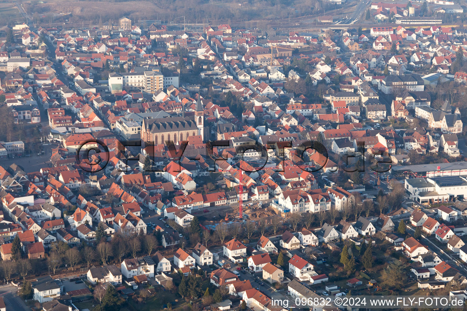 Aerial view of Church in Old Town- center of downtown in Dieburg in the state Hesse