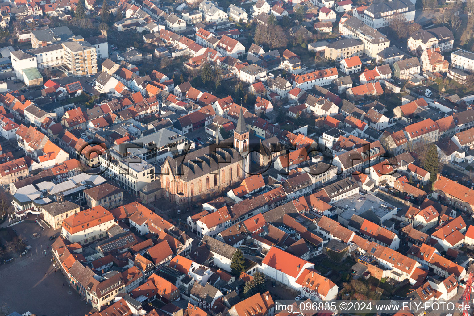 Aerial photograpy of Church in Old Town- center of downtown in Dieburg in the state Hesse