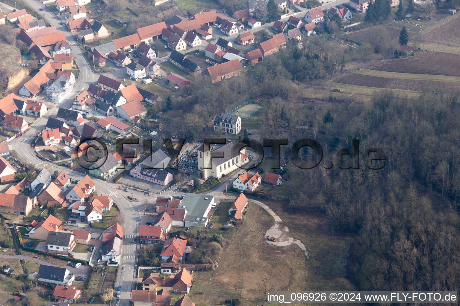 Neewiller-près-Lauterbourg in the state Bas-Rhin, France from a drone