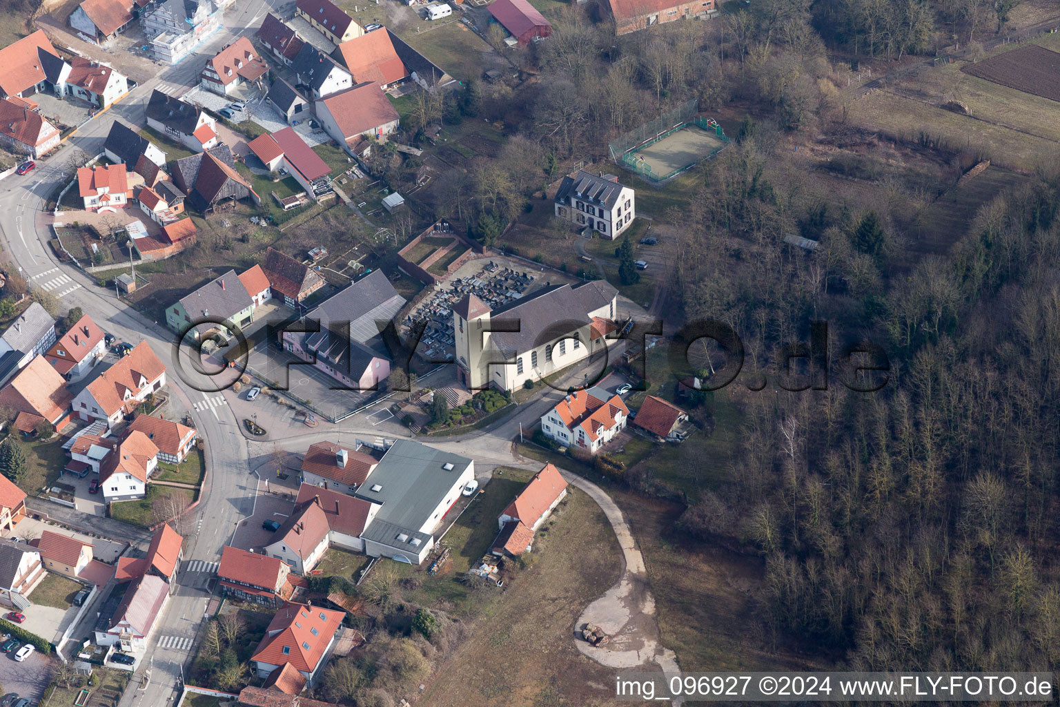 Neewiller-près-Lauterbourg in the state Bas-Rhin, France seen from a drone