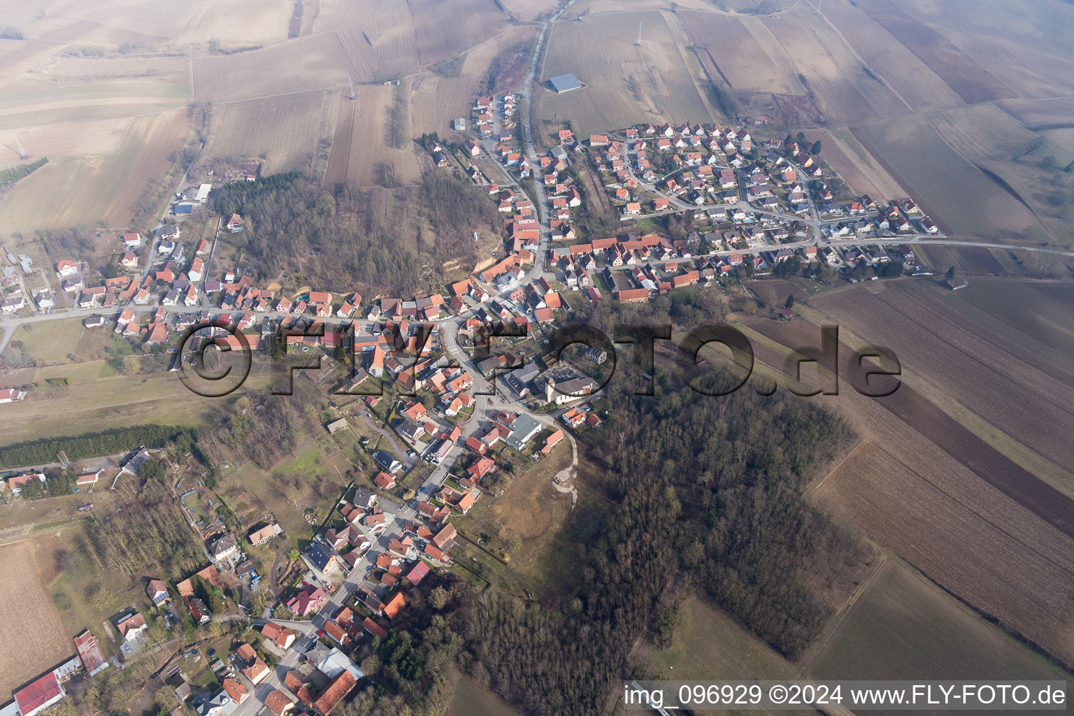 Aerial view of Neewiller-près-Lauterbourg in the state Bas-Rhin, France