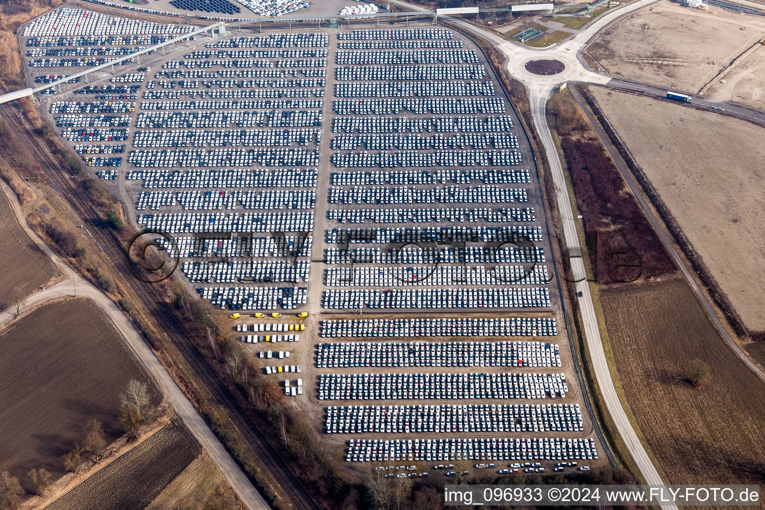 Aerial view of Warehouses and forwarding building and Custom storage of imported cars of Walon France in Lauterbourg in Grand Est, France