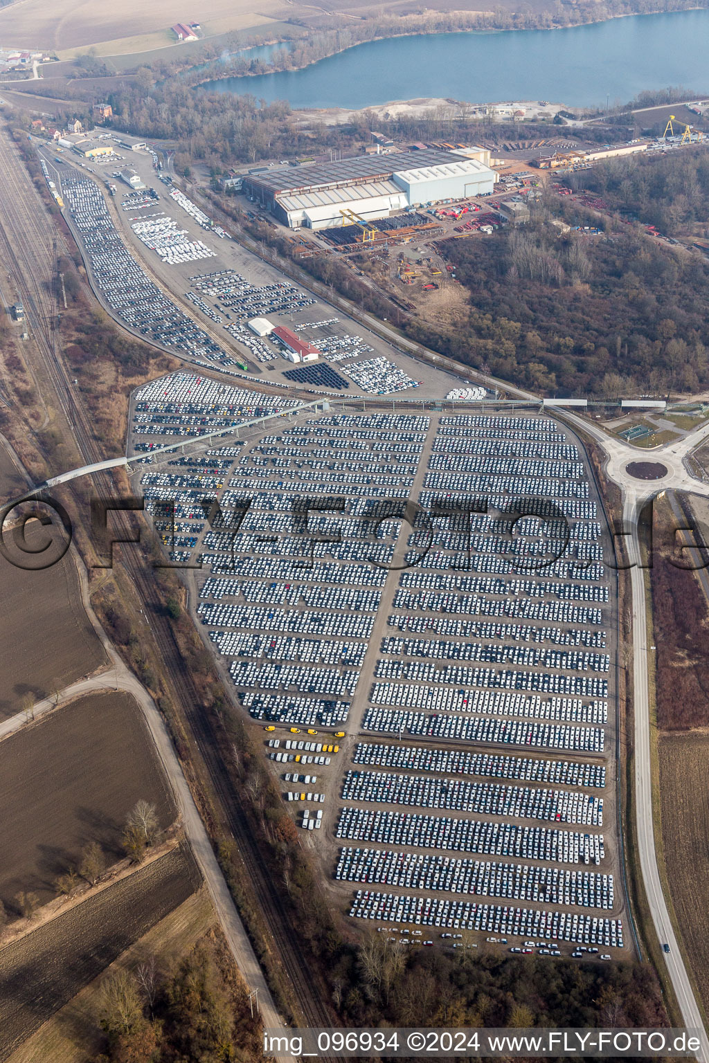 Aerial photograpy of Warehouses and forwarding building and Custom storage of imported cars of Walon France in Lauterbourg in Grand Est, France