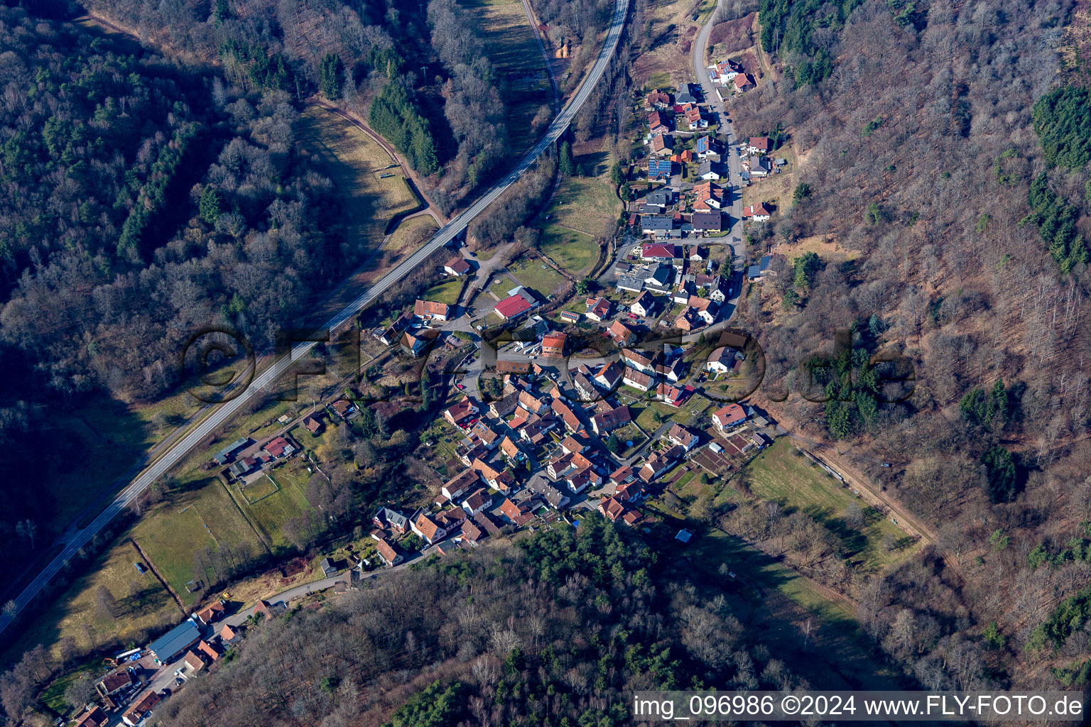 Aerial view of District Münchweiler in Münchweiler am Klingbach in the state Rhineland-Palatinate, Germany