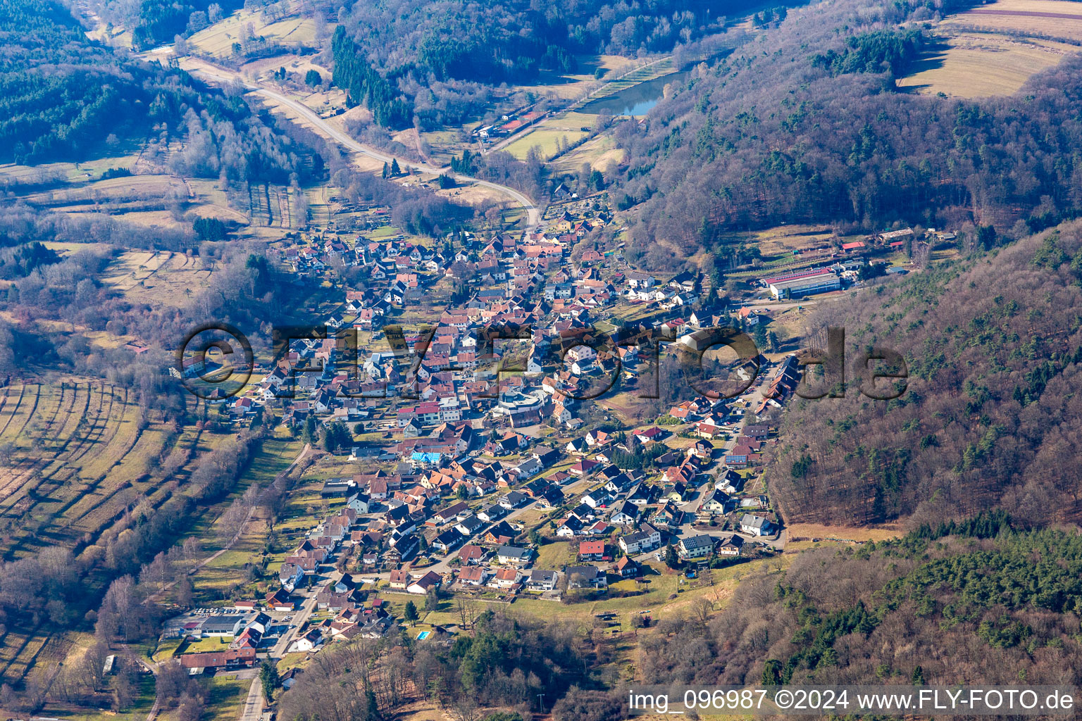 Münchweiler am Klingbach in the state Rhineland-Palatinate, Germany from above