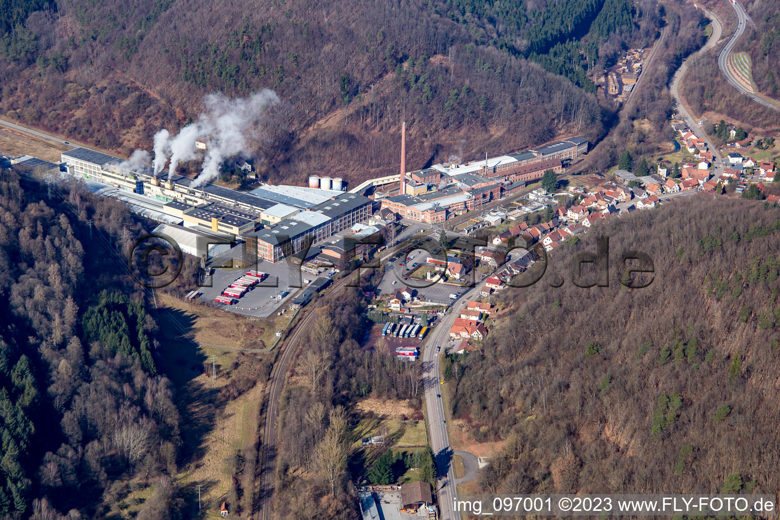 Building and production halls on the premises of Kartonfabrik Buchmann GmbH in the district Sarnstall in Annweiler am Trifels in the state Rhineland-Palatinate, Germany