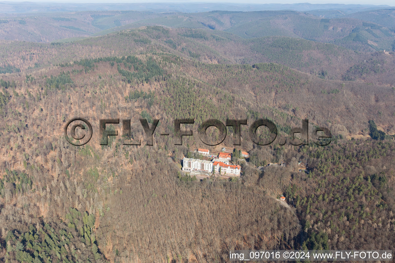 Aerial view of Hospital grounds of the Clinic Eusserthat for the Rehabilitation of addicted people in Eusserthal in the state Rhineland-Palatinate