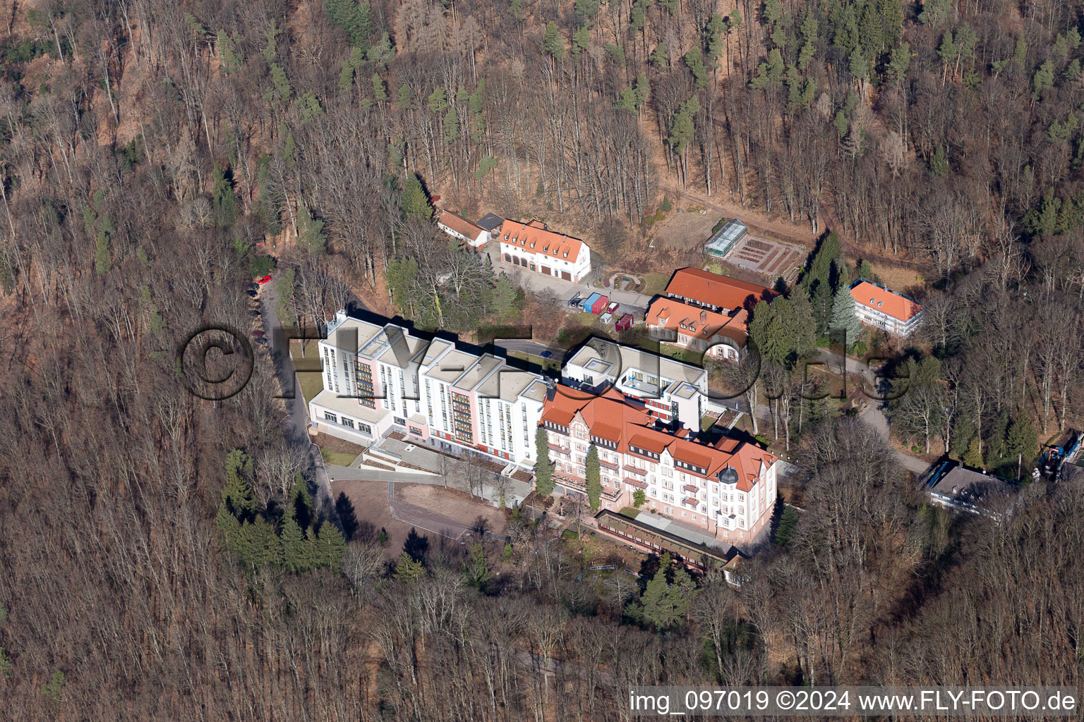 Aerial photograpy of Hospital grounds of the Clinic Eusserthat for the Rehabilitation of addicted people in Eusserthal in the state Rhineland-Palatinate