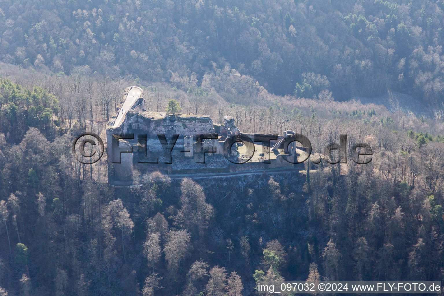 Aerial view of Neuscharfeneck Castle in Dernbach in the state Rhineland-Palatinate, Germany