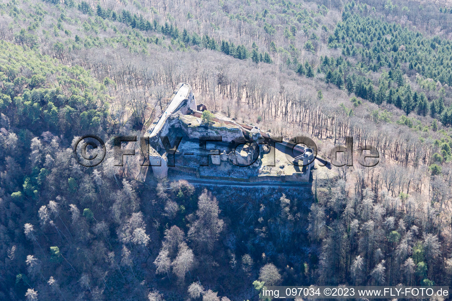 Aerial photograpy of Neuscharfeneck Castle in Dernbach in the state Rhineland-Palatinate, Germany