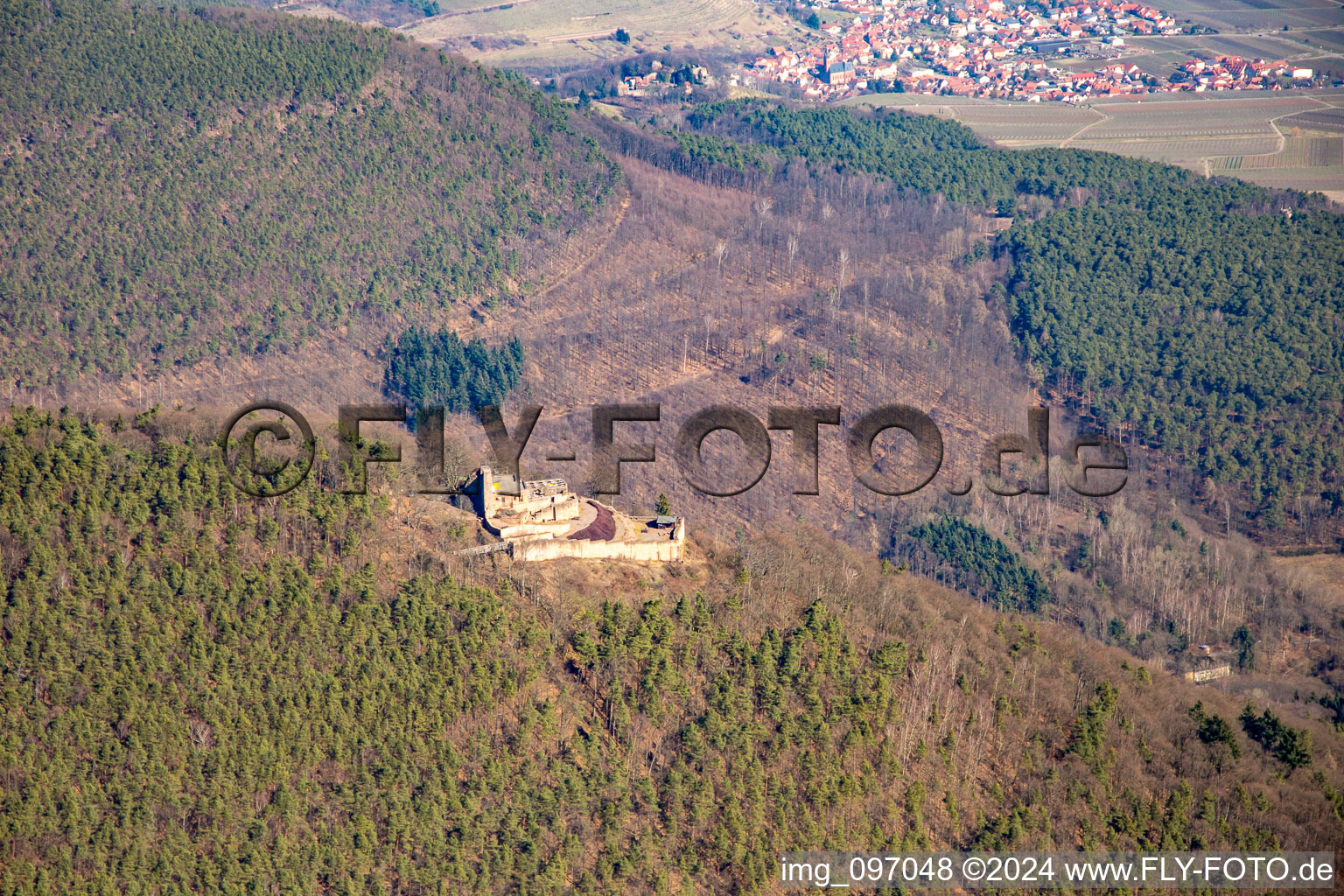 Bird's eye view of Rietburg in Rhodt unter Rietburg in the state Rhineland-Palatinate, Germany