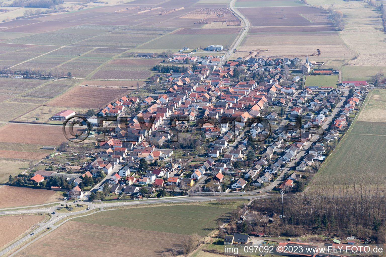 Aerial view of Town View of the streets and houses of the residential areas in Altdorf in the state Rhineland-Palatinate