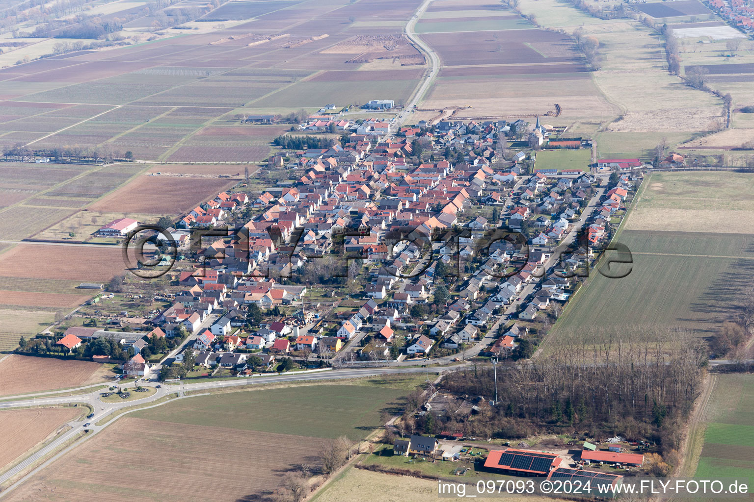 Aerial photograpy of Town View of the streets and houses of the residential areas in Altdorf in the state Rhineland-Palatinate