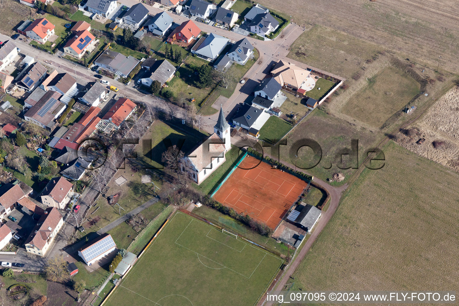 Town View of the streets and houses of the residential areas in Altdorf in the state Rhineland-Palatinate from above